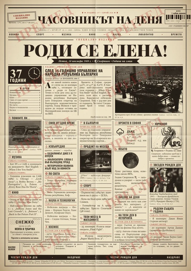 Примерна страница: Брой от 10 ноември 1989 г., кремава хартия